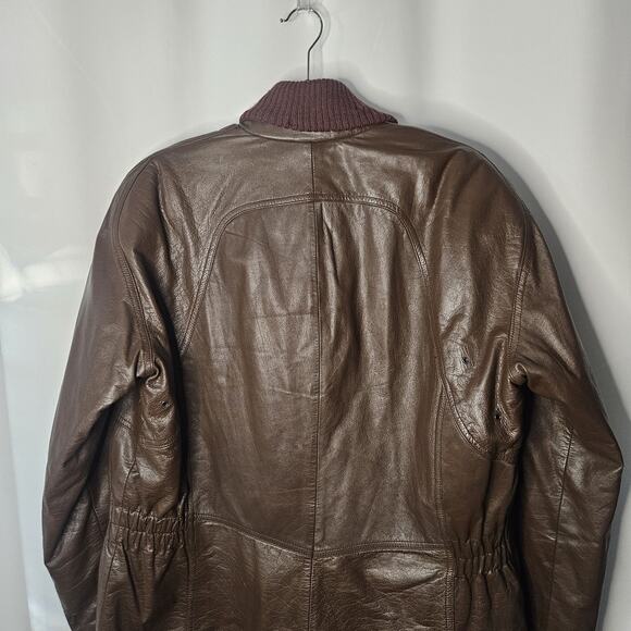Nino Cerruti Sport Brown Leather Parka Brown Sz Large Asymmetrical Collared Vtg - Picture 7 of 13
